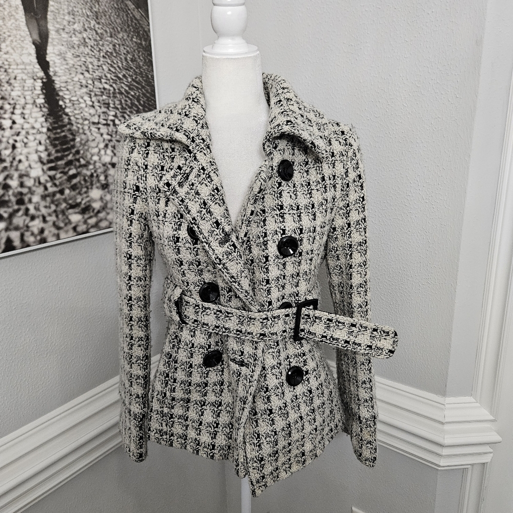 Via Spiga Black and White Tweed Trench Coat